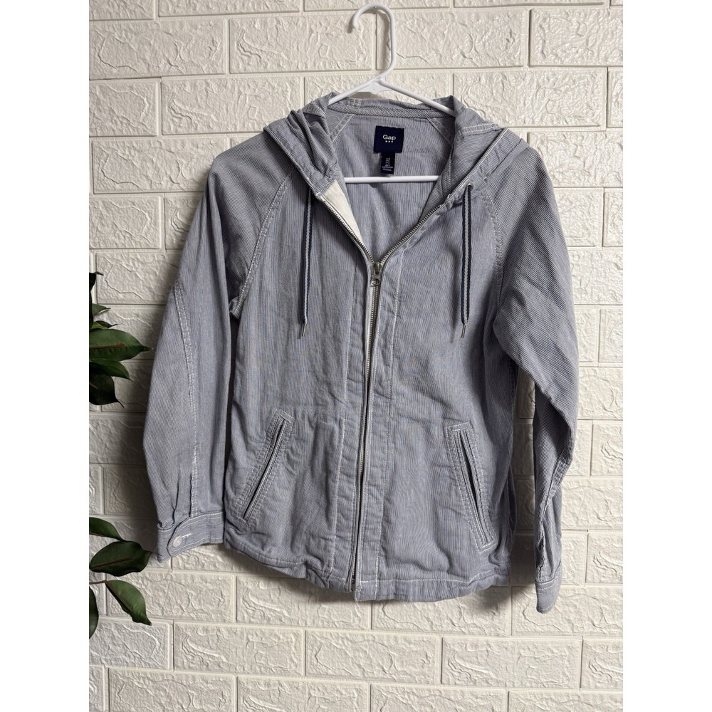 GUESS Women's Blue/white Striped Full-Zip Jacket Pockets With Hood, Short. Sz S